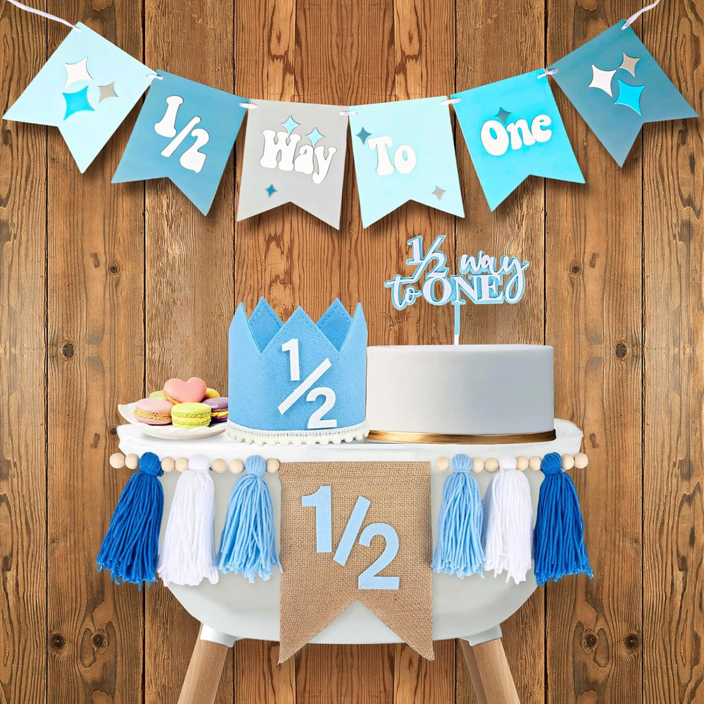 1/2 Birthday Boy Half Birthday Decorations – 4PCS Blue 6 Month Party Set with 1/
