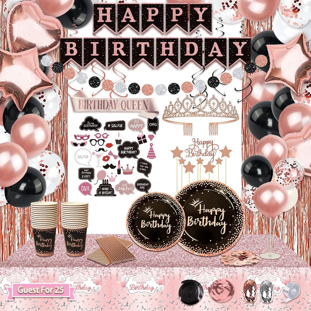 Birthday Decorations for Women, 229 Pcs Rose Gold and Black Happy Birthday Suppl