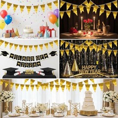 20M/65FT Gold Triangle Pennant Banner Flag Metallic Fabric Bunting Garland fo…
