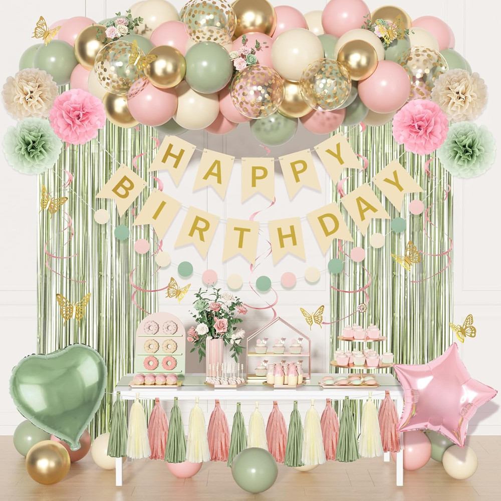 Pink and Green Birthday Decorations, Sage Green Pink Sand White Gold Balloons Ha