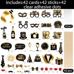 42 PCS New Year 2026 Photo Booth Props NYE Party Supplies Black Gold Cheers