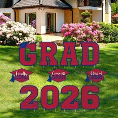 Graduation Yard Signs 11 Pcs for 2026 Lawn Party Decor with Stakes Red Blue