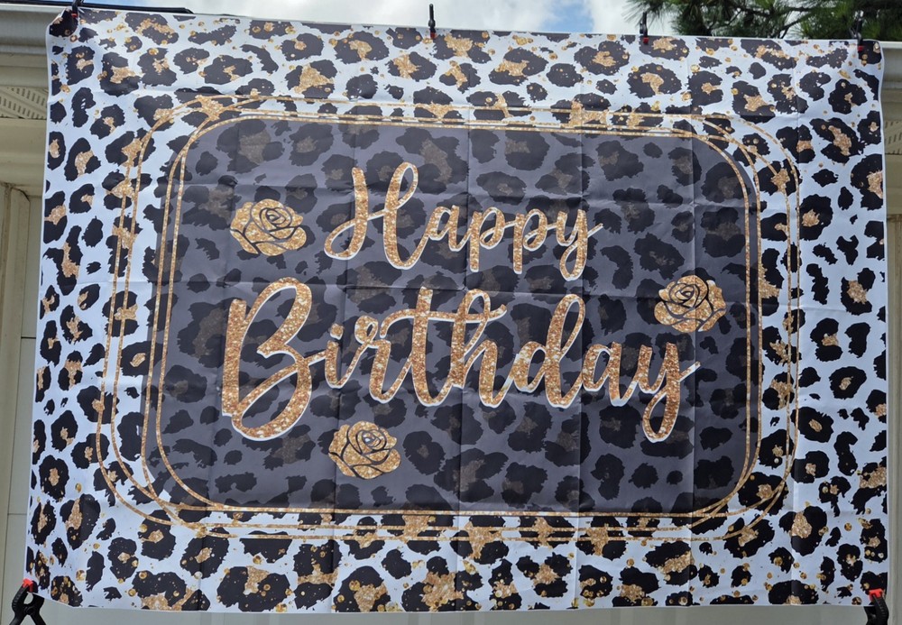 Leopard Print Happy Birthday Banner Backdrop ~71″ x 47″ New Black & Gold Party.