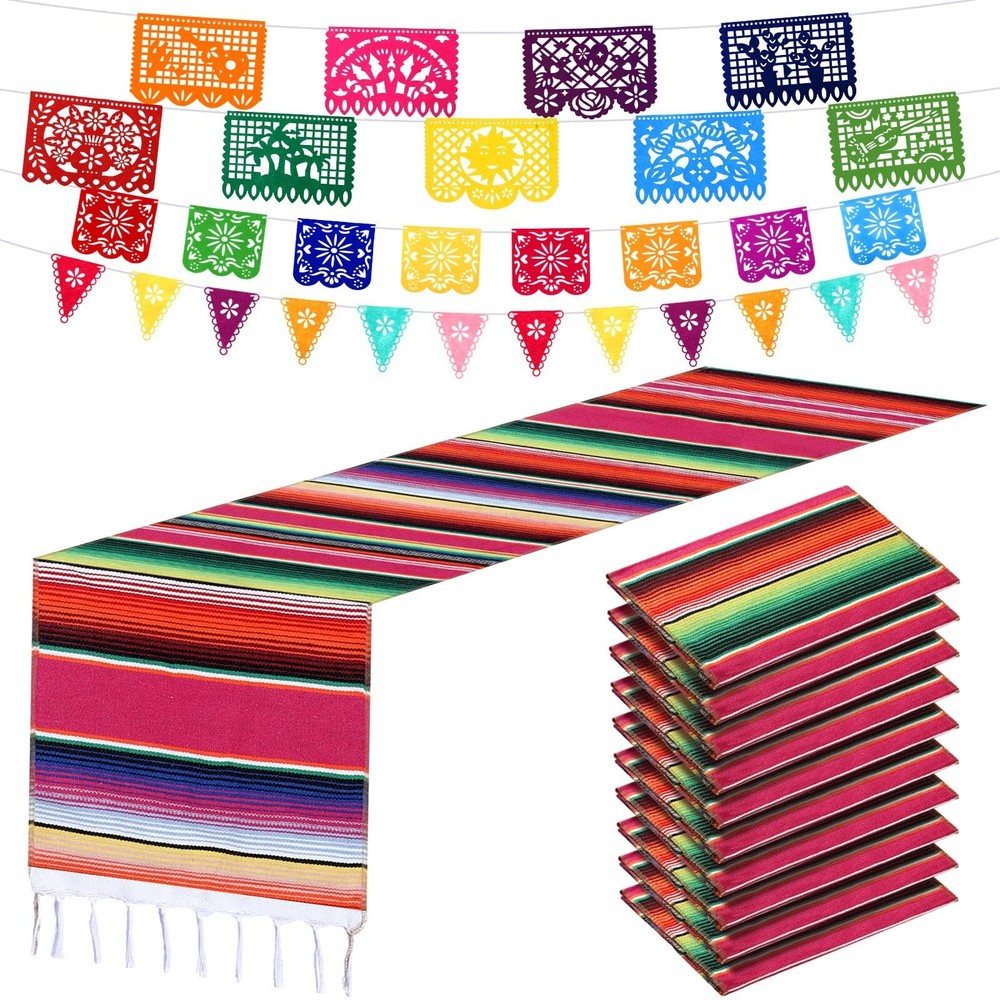 10 Packs 14 x 84 Inch Mexican Serape Table Runners, 29 Pcs Papel Picado Banne…