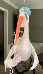 Vintage Large Plush Hanging Stork & Baby, 17 «, By Russ painted eyes,Satin