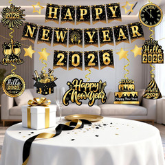 2026 New Year Decorations, Happy New Year Banner with 2026 Hanging Swirls, Black