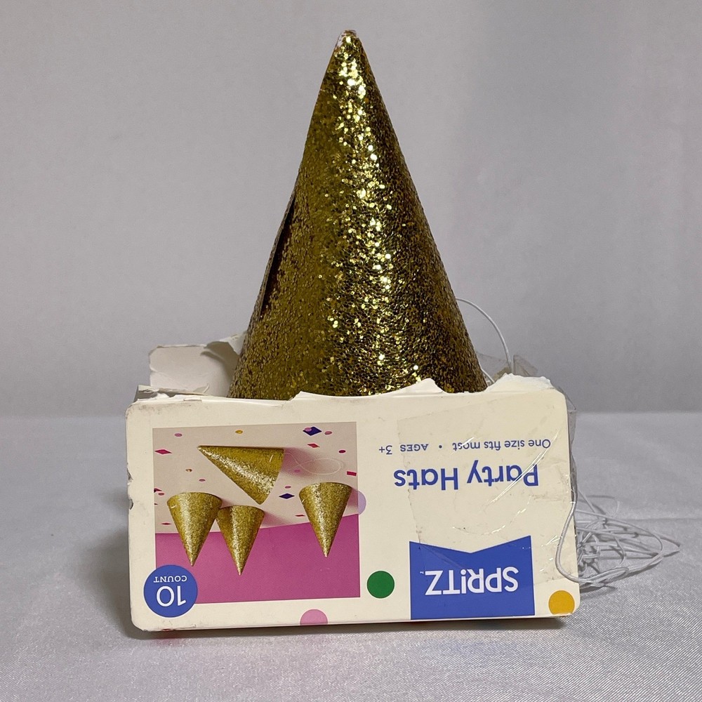 Spritz Gold Glitter Party Hats 10 Count Elastic Band Ages 3+ NEW
