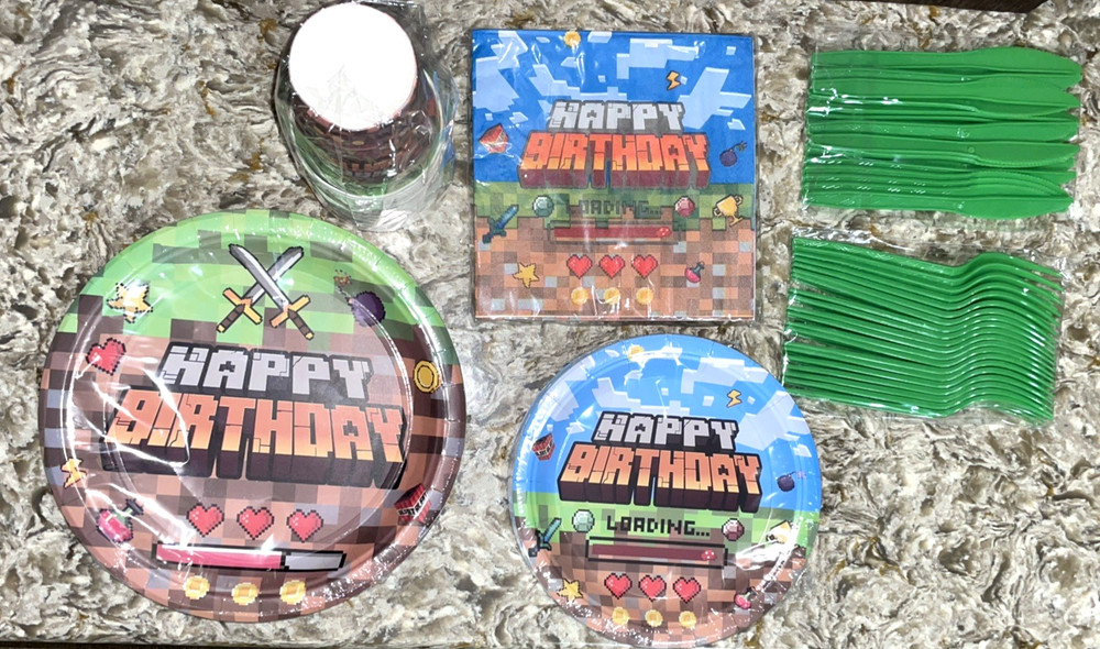 Minecraft Birthday Party Decorations Plates Napkins Cups Forks Knives 20 Pc Each