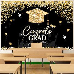 Graduation Decorations 2026 – Black and Gold Graduation Backdrop and Congrats Gr