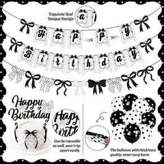 Bow Happy Banner Decorations,Cute Black and White Polka Dot Theme Brithday De…