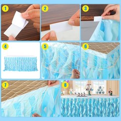 2 Pcs 6 ft Summer Ocean Tulle Ruffle Curly Table Skirt with Fish Net Set Blue…