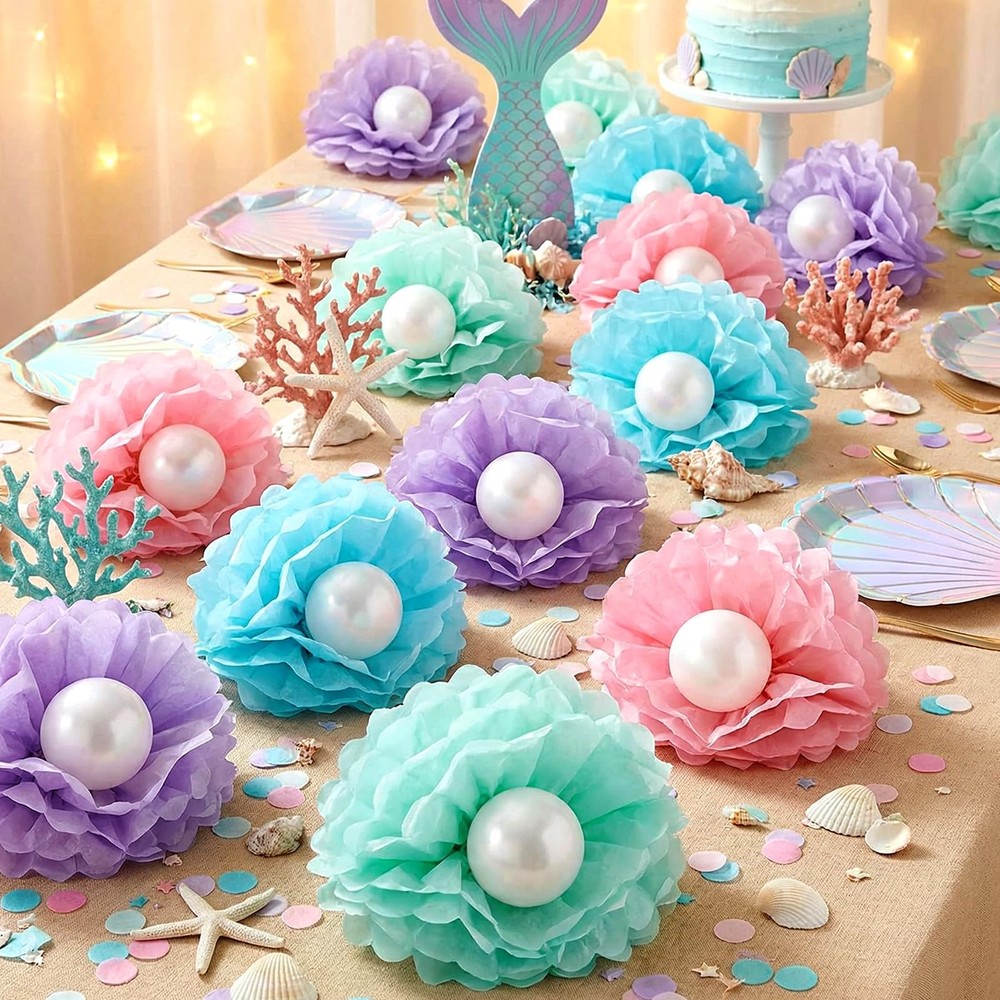 96 Pcs Mermaid Shell Party Decorations Include Pastel Tissue Paper Pom Poms a…