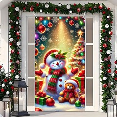 2D Flat 71×35 Inch Christmas Door Cover with Snowman Teddy Bear Christmas Tre…