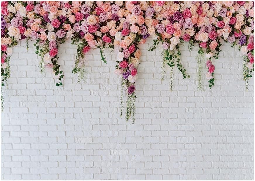 7x5ft White Brick Wall Floral Backdrop with Hanging Flowers – Spring Garden