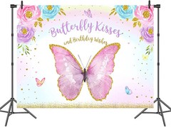 Butterfly Happy Birthday Backdrop, Butterfly Kisses and Birthday Wishes, 5 x 3ft