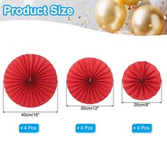 12Pcs 8″/12″/16″ Paper Fans Hanging Decoration Round Fans with Pearl Red