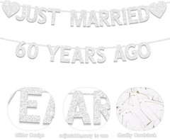 60Th Wedding Anniversary Party Banner Decorations, Silver Glitter Just Marrie…