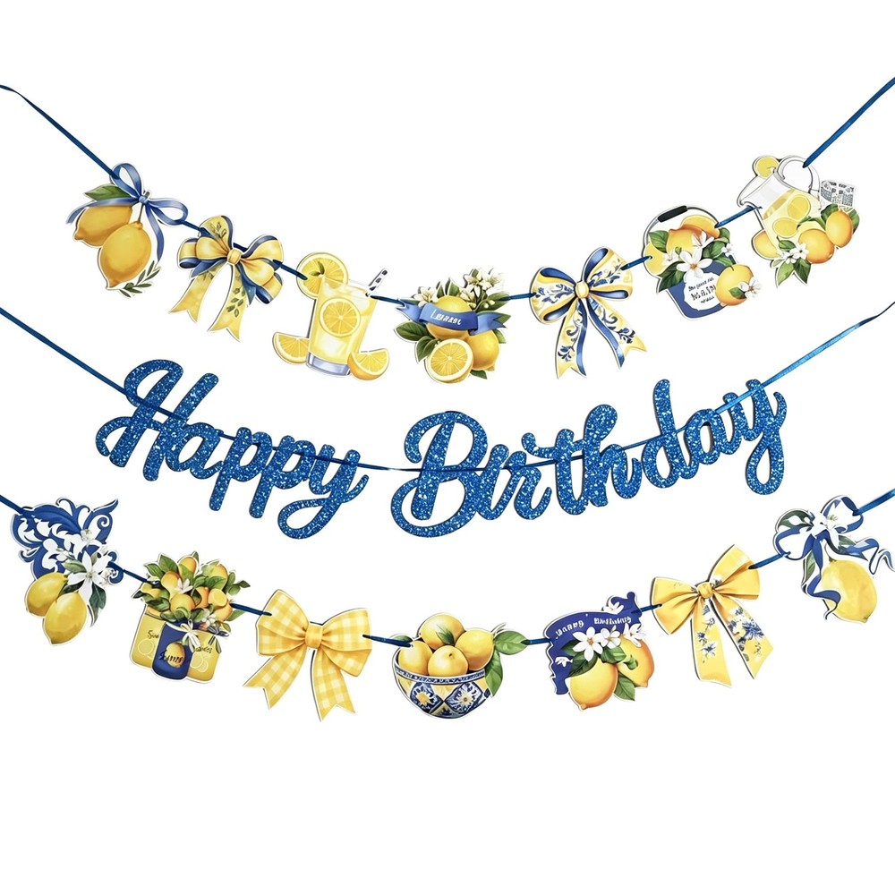 Lemon Happy Birthday Banners Yellow blue Lemongrass Birthday Party Decor