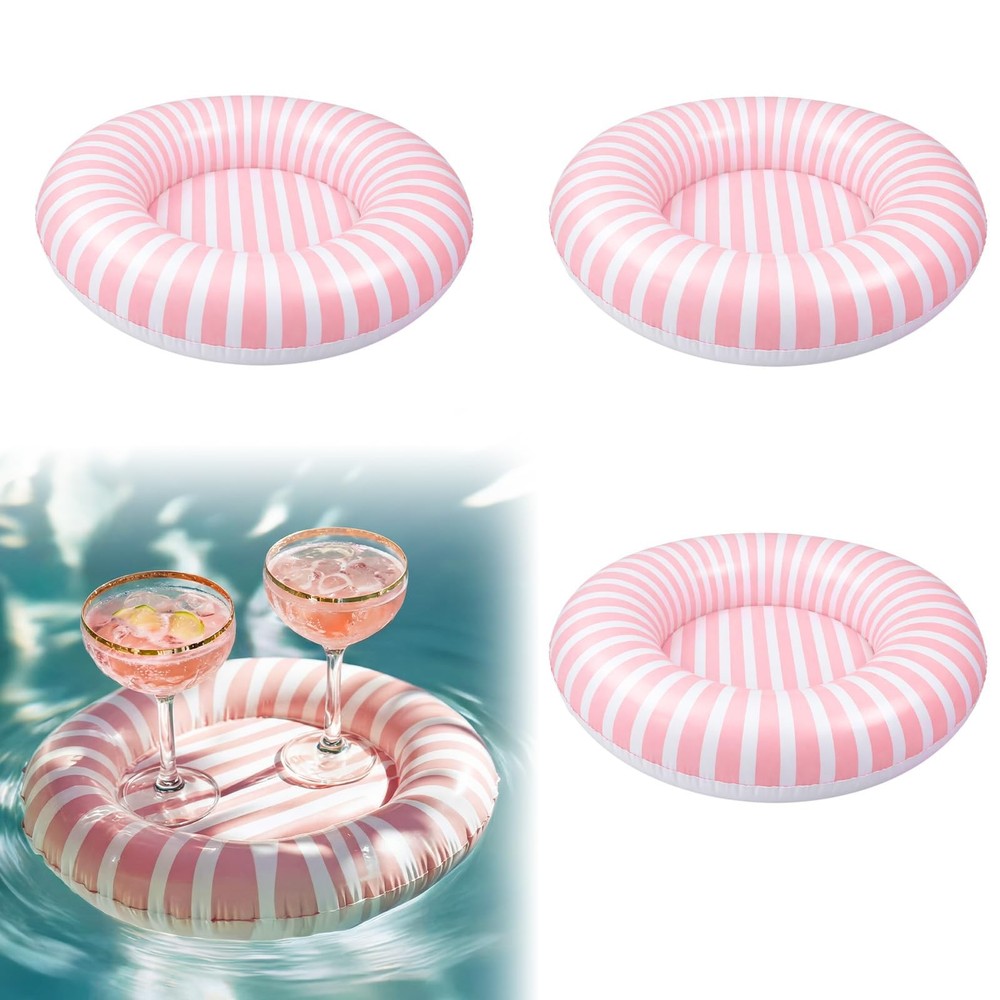 3 Pack Inflatable Floating Drink Holder, Pink Stripe Pool Bar Tray, Portable …