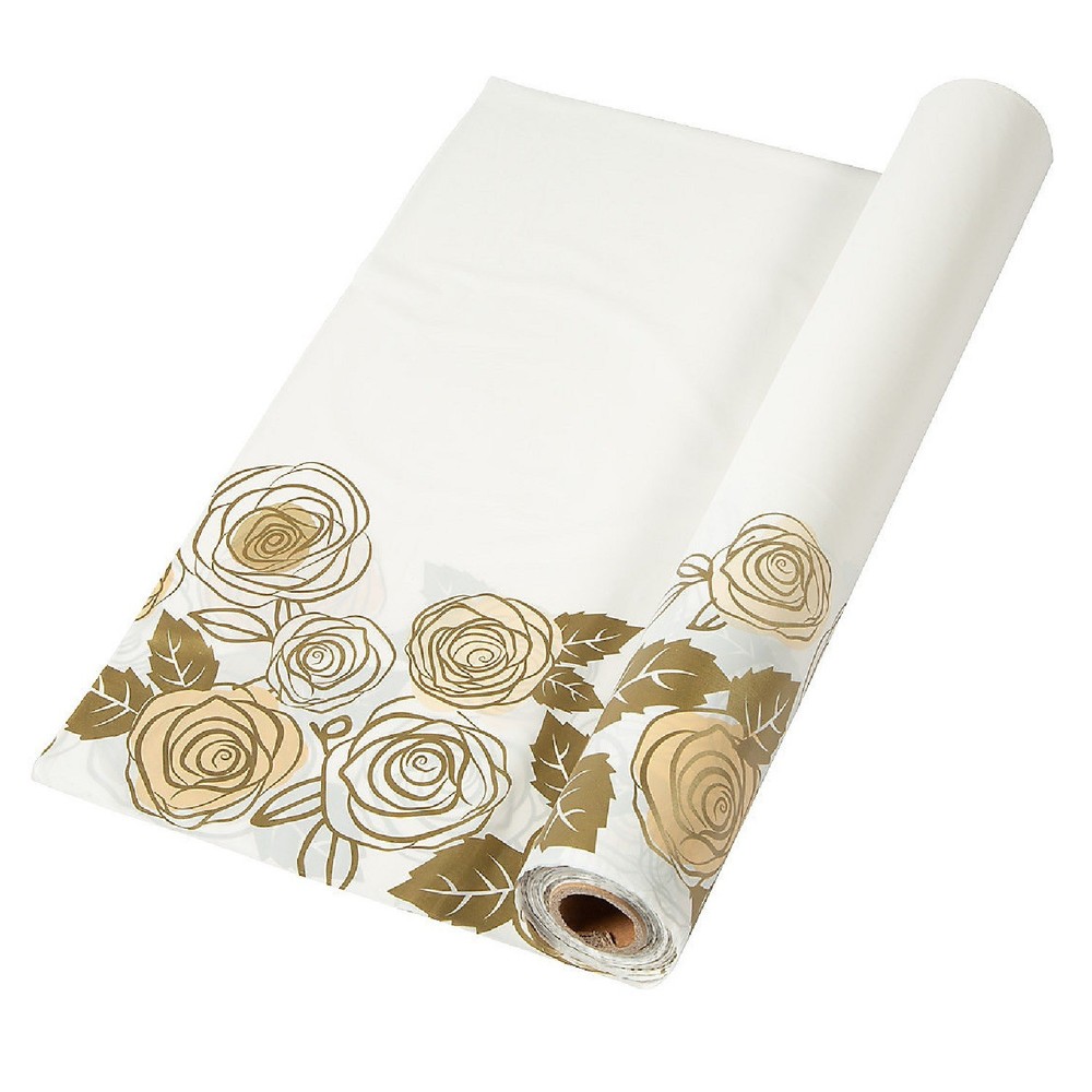 Cottage Core Floral Print on White Plastic Table Cover Roll 100-Ft x 40″W #426