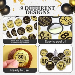 Tenare 504 Pcs 80th Birthday Stickers Black and Gold Party Favor Label Sticke…