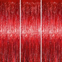.x 6.6 ft Foil Fringe Backdrop Curtains, Tinsel Streamers Party 3 Red