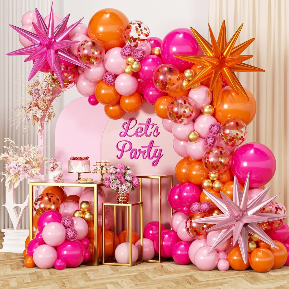 Pink and Orange Balloon Garland Arch Kit, 177Pcs Explosion Star Balloons Hot …