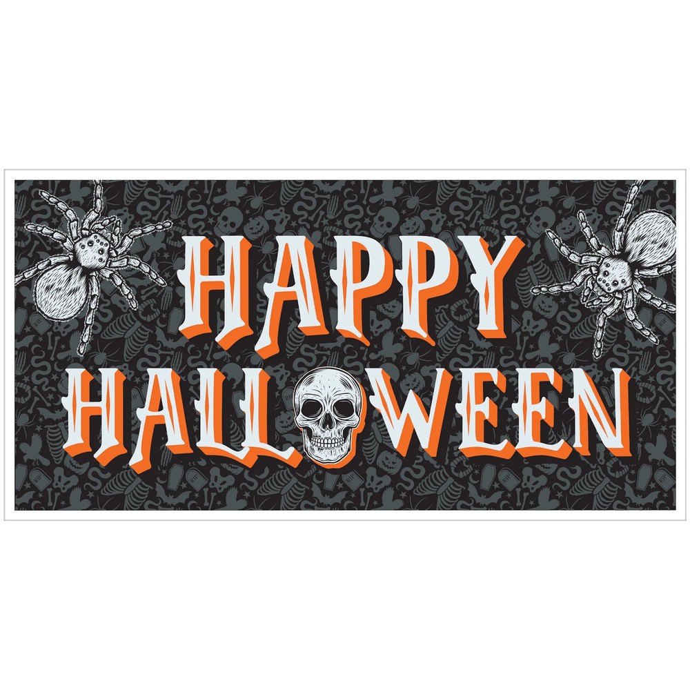 Happy Halloween 65″ Plastic Horizonal Giant Banner Spider Skull Orange Black