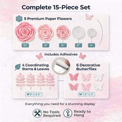 15pc Large Paper Flowers – Pink & White Roses for Girls Room