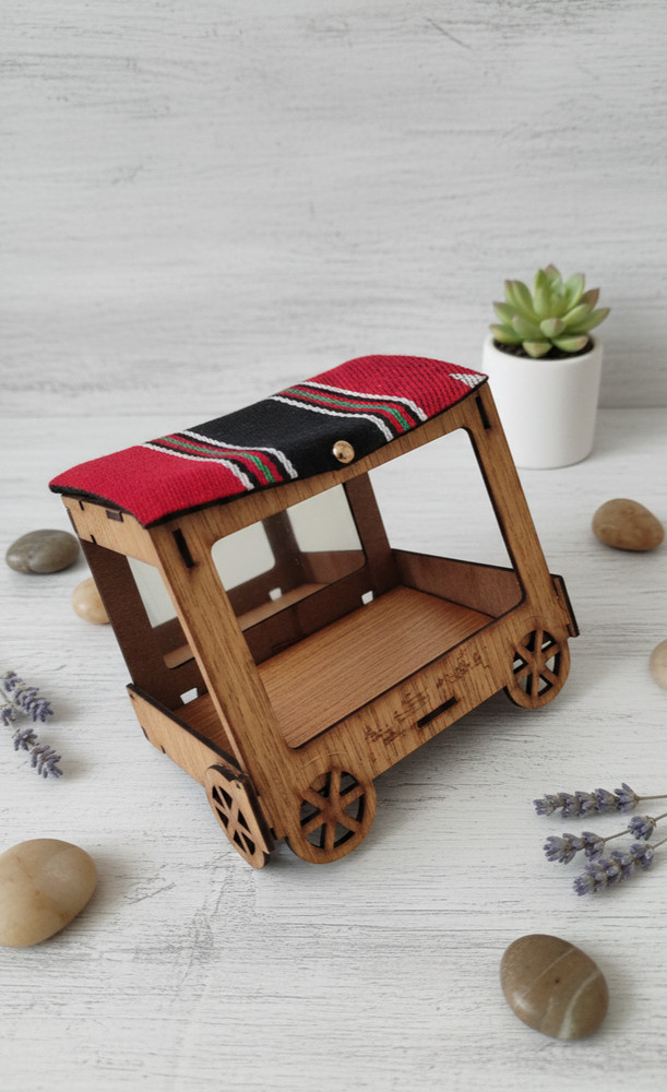 Handcrafted wooden mini cart display stand with fabric roof for gifts decor home