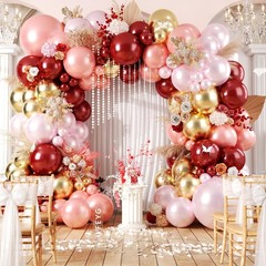 Burgundy Pink Balloon Arch, Double Stuffed Ruby Red Pearl Pink Gold Balloon G…