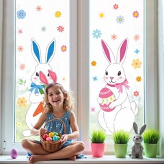4 Sheets Extra Large Easter Bunny Window Clings Cute Rabbit Double-Sided Window