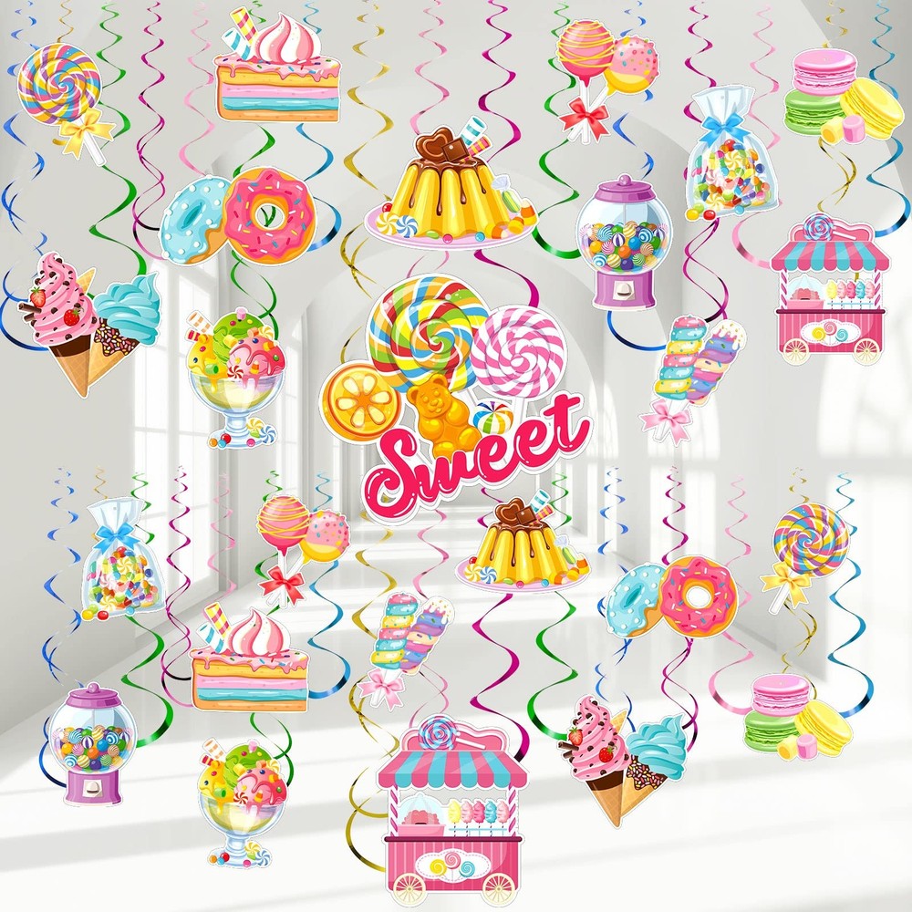Sweet Candy Party Decorations Lollipop Donut Ice Cream Hanging Swirls 55 PCS