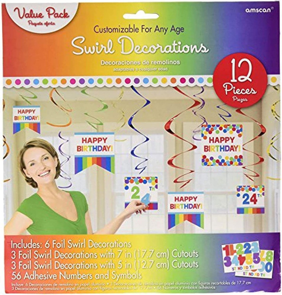 Rainbow Polka Dots & Stripes Bright Birthday Party Add-An-Age Swirl Decorations