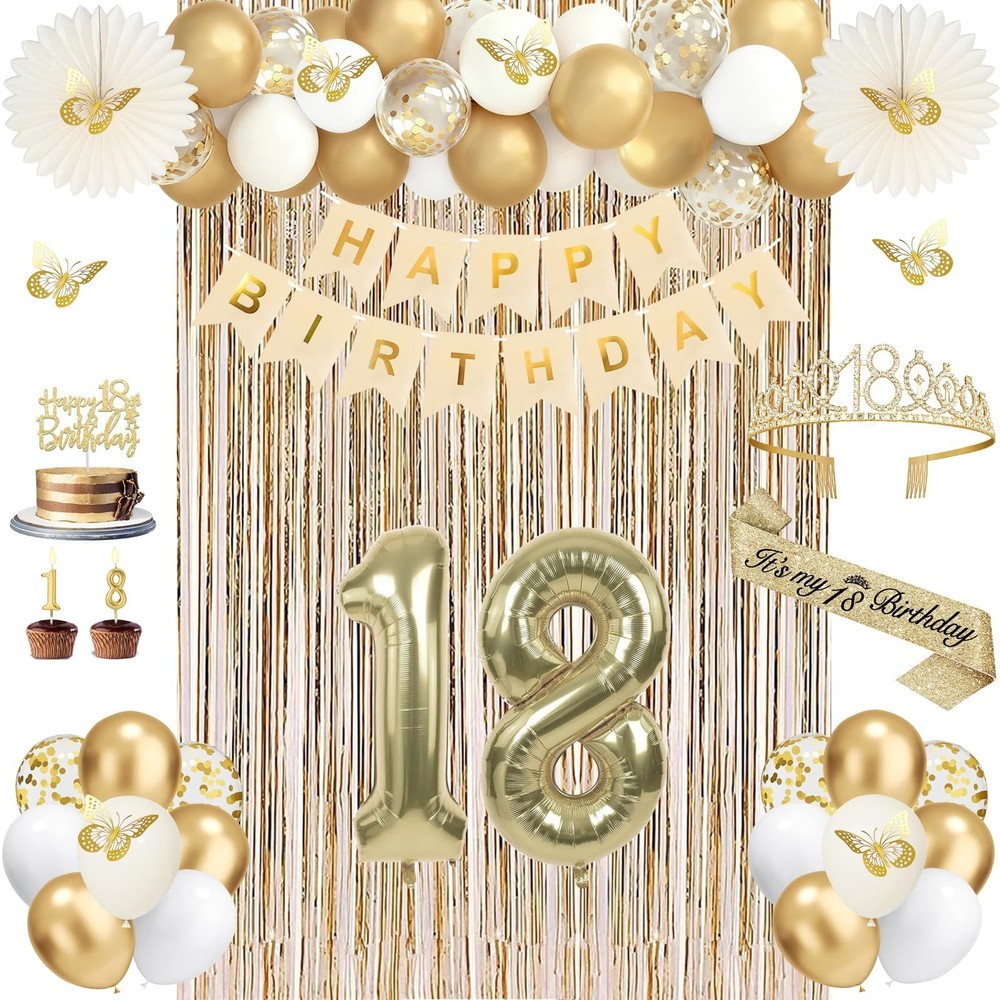 50Pcs 18th Birthday Party Decorations, Gold Sash, Crown, Banner & Fringe Curtain