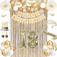 50Pcs 18th Birthday Party Decorations, Gold Sash, Crown, Banner & Fringe Curtain