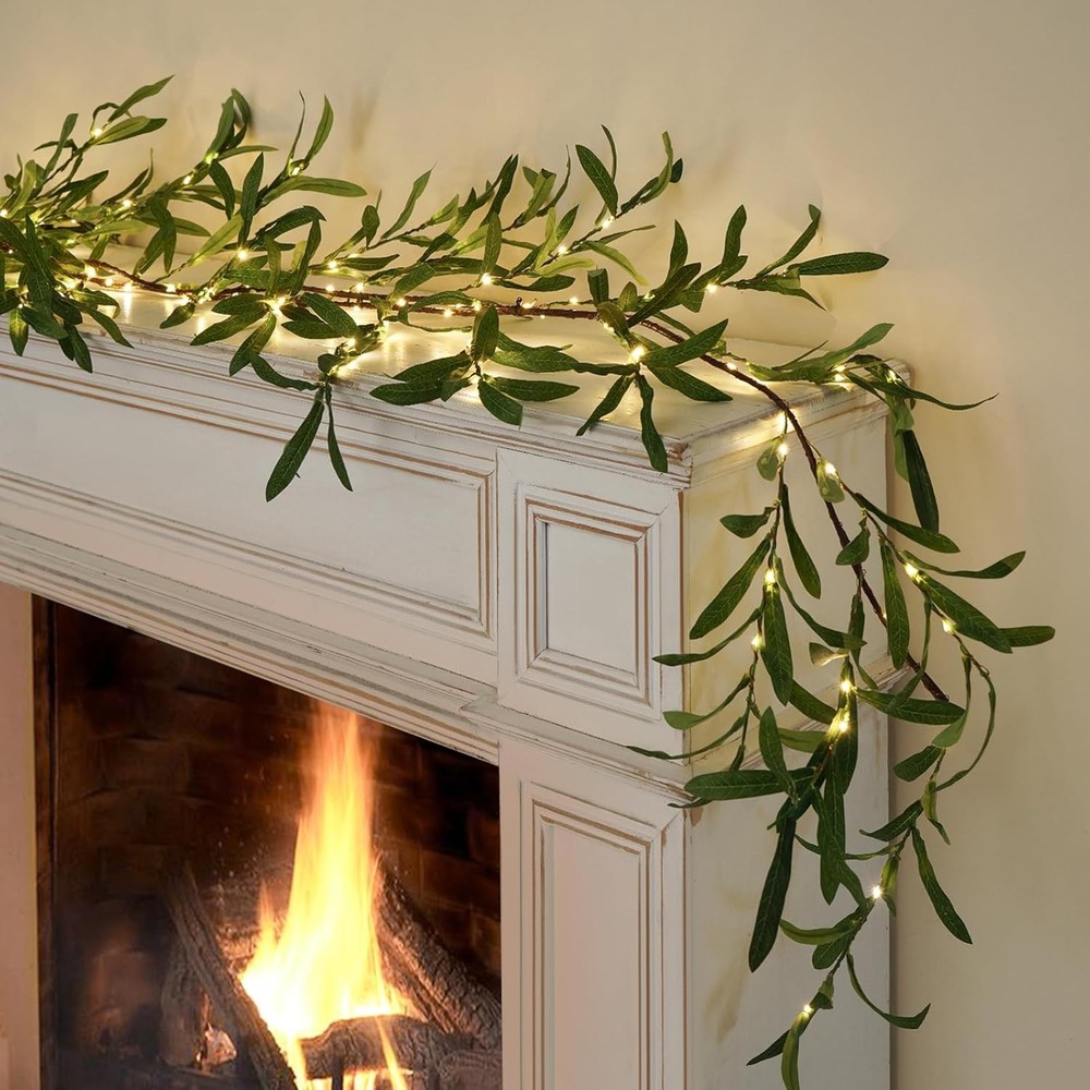 6FT Olive Garland with Lights with Timer Prelit Garland Fairy Lights Christmas