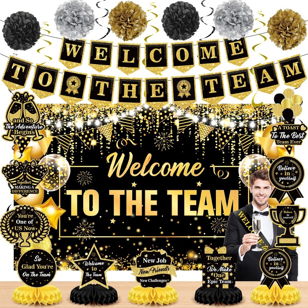 Black Gold Welcome Team Banner – New Employee Decoration Kit – Honeycomb Cent…