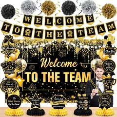 Black Gold Welcome Team Banner – New Employee Decoration Kit – Honeycomb Cent…