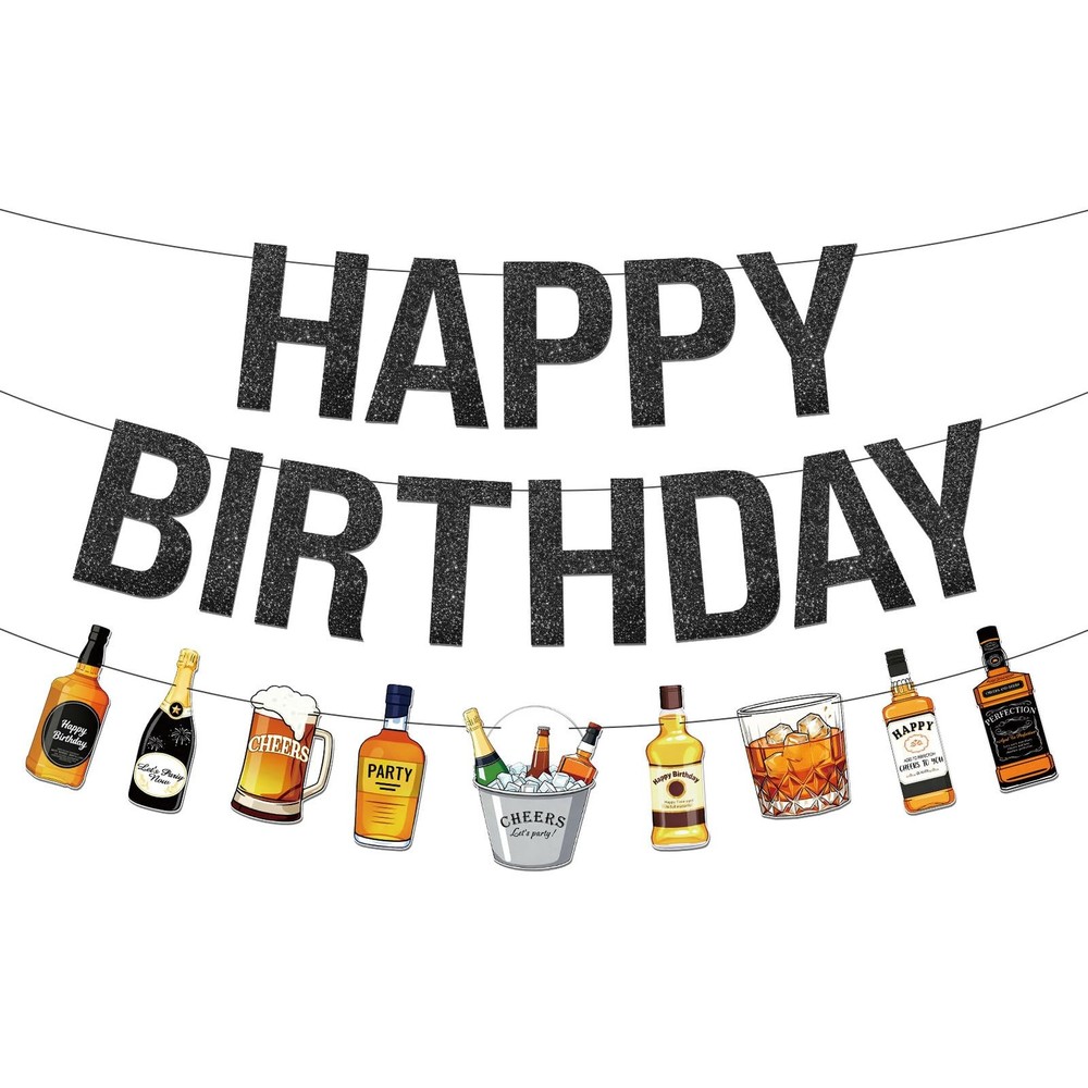 Pre-strung Black Happy Banner Black Glitter Decorations Whiskey Beer Party Ba…