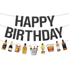 Pre-strung Black Happy Banner Black Glitter Decorations Whiskey Beer Party Ba…