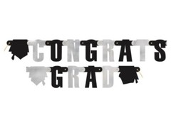 Congrats Grad Jointed Banner 4.5 Ft Graduation Caps Black Silver