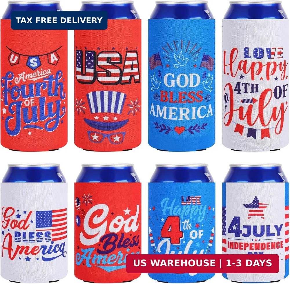 8 PCS Patriotic Can Cooler Sleeves Bulk Independence Day Decorations American Fl