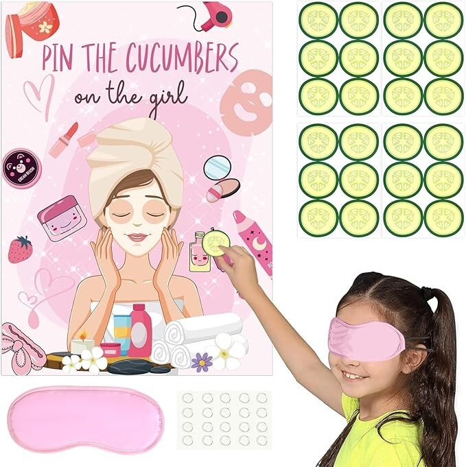 Spa Party Game – Pin the Cucumbers, 42 Stickers, Large Poster for Kids & Adults