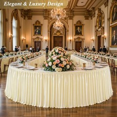 6Ft Champagne Satin Table Skirt for Rectangle or Round Tables, -& Ruffle Plea…