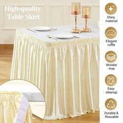 6Ft Champagne Satin Table Skirt for Rectangle or Round Tables, -& Ruffle Plea…