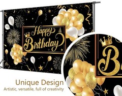 Chic Black & Gold Birthday Backdrop – Large 7x5ft Size for Celebratory Moments