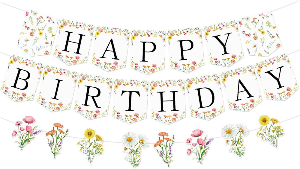 Floral Happy Birthday Banner with Wildflower Butterfly Garland Party Decor Set