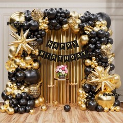 141Pcs Black and Gold Balloon Arch Kit with Happy Birthday Banner for Black a
