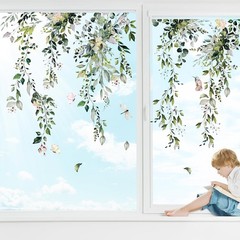 Whaline 9 Sheets Summer Flowers Window Clings 7.9 x 11.8 inch, Green